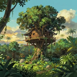 concept art landscape of a jungle scene during golden hour, an overgrown treehouse in the middle of a clearing, beautiful, fantasy, colorful, cinematic lighting, artstation, trending, highly detailed, focus, smooth, by studio ghibli, rossdraws, hirohiko araki, conrad roset, yoshitaka amano