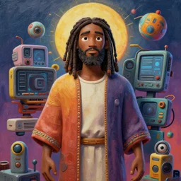 stylish 3 d vfx - drew struzan movie - portrait - poster - art of an african jesus surrounded by technology, art style by james jean & hsiao - ron cheng, unreal engine render, digital illustration, sharp, intricate detail, volumetric lighting, ray tracing, soft light, colourful, claymation style, ernie barnes style, symmetry, acrylic on canvas, pinterest, artstation