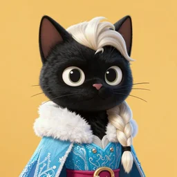 black cat dressed as elsa from frozen, in the style of assassin's creed, fine art, warm color palette, tetradic - colors