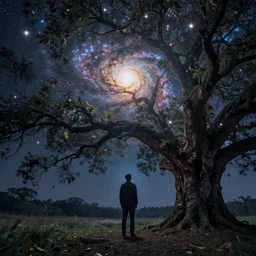 a man standing under the galaxy tree ,imagination, glowing, 8k ,realistic
