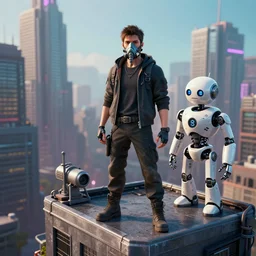 cyberpunk style city, a young man with an oxygen mask was standing on the roof of the building, 8 k, highly detailed, ultra detailed, by friendly robot