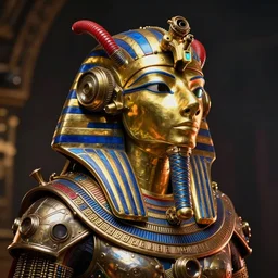 awardwinning portrait photo of a steampunk deitie osiris, wearing a glowing golden and blue metallic steampunk helmet with red tubes and shiny metallic devices, 3 d render, crisp, 8 k, fluorescent colors, insanely integrate, nikon photography
