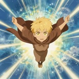 blonde boy with golden eyes wearing a brown cape and flying in t pose, energy background, in the style of studio ghibli, artgerm