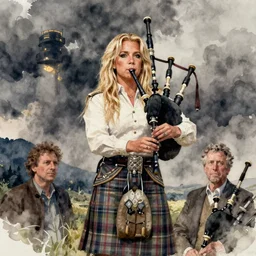 a realistic and atmospheric watercolour fantasy concept art of britney spears dressed with scottish clothes and with bagpipe, muted colors. by rebecca guay, michael kaluta, charles vess and jean moebius giraud,