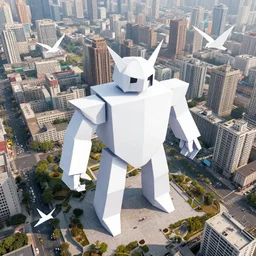 birds eye view of a giant origami robot in a city