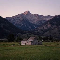 photo of a small farm house in a valley with meadows and mountains in the background, photograph by Ansel Adams, at dusk