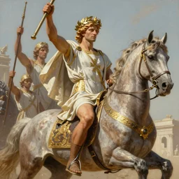 a olimpic greek hero, laurels of glory, returns triunphantly mounted in a horse. full of pride. victorirous. prideful.. intricate, elegant, highly detailed, digital painting, artstation, concept art, sharp focus, illustration, by justin gerard and artgerm, 8 k
