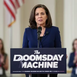 Movie still of Sheryl Sandberg campaigning for Trump in The Doomsday Machine, directed by Steven Spielberg