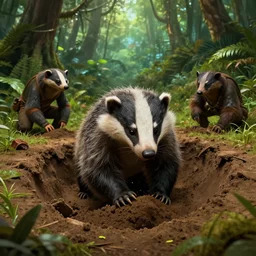 Badger Archaeologists Digging a Hole Deep in the Amazon Jungle artwork by Word of Warcraft Art Direction, detailed, dynamic, cinematic composition