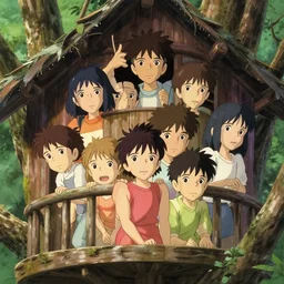 a film still portrait of kids playing at a treehouse, sun light, finely detailed features, closeup at the faces, perfect art, at atreehouse, gapmoe yandere grimdark, trending on pixiv fanbox, painted by greg rutkowski makoto shinkai takashi takeuchi studio ghibli, akihiko yoshida,