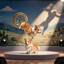A japanese gameshow with a corgi contestant doing acrobatic stunts