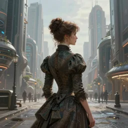 portrait of a victorian lady in a futuristic city, from behind, streets, beautiful, sci-fi, open sky, tall buildings, highly detailed, digital painting by the Stable Diffusion artificial intelligence