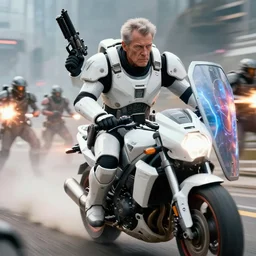 movie photograph of an old man who is a veteran of many futuristic wars with short gray hair and blue eyes. he is wearing a white futuristic suit of heavy combat armor and holding a blaster in one hand and a plaster plasma - proof shield in the other. riding a white armored motorcycle charging into enemy lines while firing plasma bolts. futuristic battle.