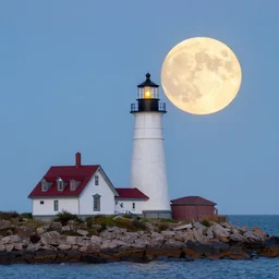 A photo of a lighthouse on the coast of Maine with a rising harvest full moon directly behind the lighthouse, 600mm lens, fine art photography, National Geographic photo, award winning