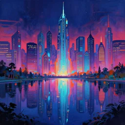 a digital painting of a cyberpunk city at night surrounded by a glistening lake by stephan martiniere, deviantart, utopian art, art deco, saturated, hyper colorful