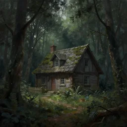 a painting of a cottage in the middle of the woods, eerie thriller aesthetic!, detailed digital art, trending on artstation
