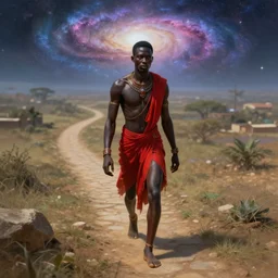 the african male god of streets and paths who transits between the earth and the sky and wears red and black with the galaxy! in the background | deep focus, high angle, highly detailed, digital art, digital painting, concept art by rolf armstrong