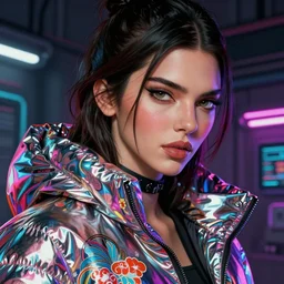 detailed portrait of kendall jenner as a neon operator girl, cyberpunk futuristic, neon, reflective puffy coat, decorated with traditional japanese by ismail inceoglu dragan bibin hans thoma greg rutkowski alexandros pyromallis nekro rene margitte, illustrated, perfect face, fine details, realistic shaded, fine - face, pretty face
