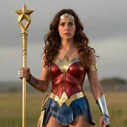 film still of sadie sink playing wonder women, hd, 8 k, high resolution, cinematic, golden hour lighting, beautiful hair, holding golden whip, photorealistic, on a field, grey sky, shadows