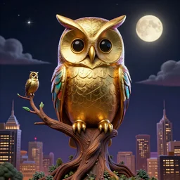 detailed, 3 d colourful gold owl woman, face and shoulders, in a 3 d tree, dark, night sky with stars, clouds and glowing moon, cinematic, 3 d designed city, 4 k by'eva cremers'and'lesley barnes'and'jordan coelho'