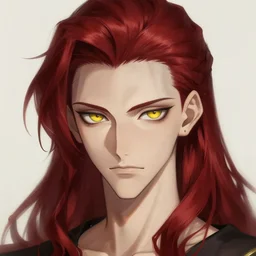 portrait of hisoka morow hunter hunter male thin lips small eyes very thin pursed lips extremely sharp jaw yellow eyes sharp nose narrow eyes dark red hair soft hair slicked back crimson hair anime, madonna genderbend elegant, highly detailed, digital painting, artstation art by artgerm and greg rutkowski and alphonse mucha