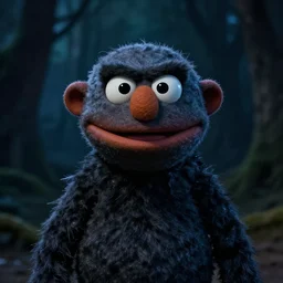 photorealistic portrait of dark angry muppet in night, dark forest background