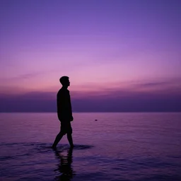 purple sunset with a real black silhouette of a man walking on water, the sky falls to the ground, high detail