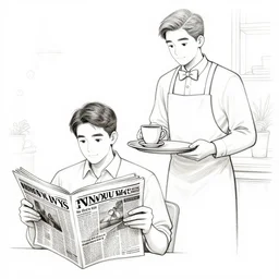 a waiter serving coffee to a man reading the news paper. line drawing. vignette. newspaper drawing style. detailed. hq.