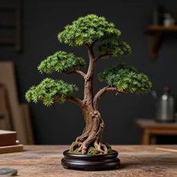 bonzai tree in a dark carpentry room, close up, studio lighting, dark backdrop, 3 3 mm