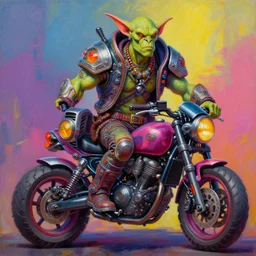 a portrait of a scifi post apocalyptic orc biker, scifi fantasy character design, psychedelic vibrant colors, futuristic punk rock fashion, oil painting by michael whelan art, sharp focus, realistic, highly detailed, 8 k
