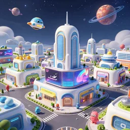 a new future urban city, white buildings + colorful decorative + led billboards + brand logo + pedestrian crossing, cute spaceship flying in the air, many cute monsters walking on the street, cute scene, landscape, huge universe, alien planet in the sky far away, game center + sports center buildings, wideangle lens, dokev, ratchet & clank, overwatch, splatoon 3, big hero 6, zootopia,