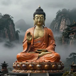 sci fi cinematic establishing shot of a single sitting buddha statue with an intricated orange robe on a misty mountain in the style of tim white, detailed buddhist temple octane renderer