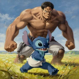 detailed wide shot of stitch from lilo and stitch as a titan from attack on titan anime intricate in a field running, hyper detailed, realistic, oil painting, by julie bell, frank frazetta, cinematic lighting