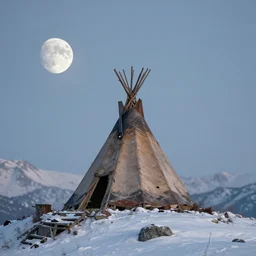 an abandoned teepee on the top of a snowy mountain, waxing moon, greg rutkowski, 8 k, shallow depth of field, intricate detail, concept art,