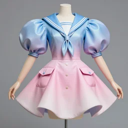 pip - pop figure collection ball shaped accordion sleeve haute couture, sailor uniform, coat, synthetic curves striking pose, dynamic folds, cute pockets, volume flutter, youthful, modeled by modern designer bust, body fit, award fashion, picton blue, petal pink gradient scheme, holographic tones, expert composition, professional retouch, editorial photography