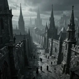 a vast, dark city looms on the horizon. its towering spires and imposing walls are made of cold, grey stone. the streets are labyrinthine, and filled with shadows. the citizens are a dour, gothic people, dressing in dark colours and speaking in hushed tones.
