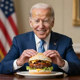 a happy joe biden eating a hamburger made of marble