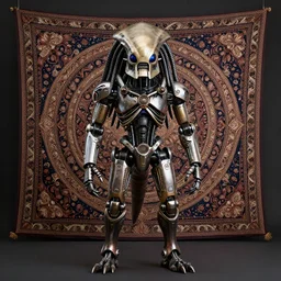 a centered uncut fullbody frontview portrait of a robotic predator headed biomechanical creature by clogtwo and subjekt zero feat paul lewin and ø - cult. intricate detailed sharp clean textured very ornated. indian style tapestry design. hd. 4 k. lowbrow color palette