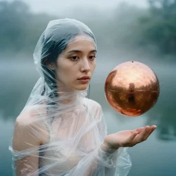 a closeup portrait of a woman wrapped in plastic, standing next to a levitating copper orb, in a misty pond, color photograph, by vincent desiderio, canon eos c 3 0 0, ƒ 1. 8, 3 5 mm, 8 k, medium - format print