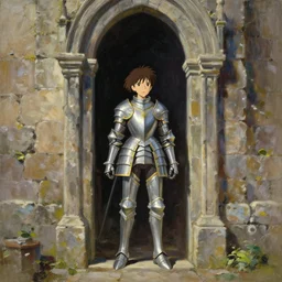 baroque oil painting of anime key visual concept art of rustic grand stone chapel with female knight standing in the doorway wearing silver armor with gold trims, trending on artstation, brush strokes, oil on canvas, style of kawacy and makoto shinkai and greg rutkowski and studio ghibli