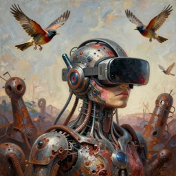 birds flying, cybertronic gadgets and vr helmet, flesh + technology, durty colours, long shot, rotten textures, rusty shapes, biotechnology, norman rockwell, tim hildebrandt, dariusz zawadzki, bruce pennington, larry elmore, hyperrealistic oil painting on wood, deep depth field, masterpiece, cinematic composition, hyper - detailed, hd, hdr