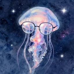 a space jellyfish wearing glasses, glasses frames, artstation, watercolor, nebula