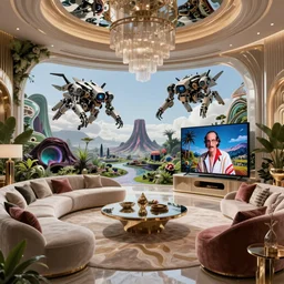 multiversal otherworldly luxurious living room with flying mecha tv with chic couch and table and lush volcanic garden and intricate high - end scifi scenery, allegorical style, by peter mohrbacher and salvador dali, beautiful, award winning scenery