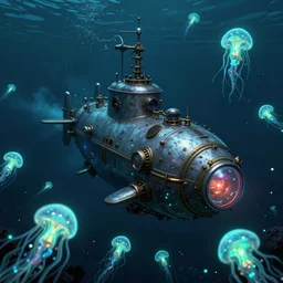 a steampunk submarine pursued by deep sea glowing creature, bioluminescence sea creatures attack a steampunk submarine, steampunk submarine in a deep dark ocean attached and swarmed by bioluminescence glowing deep sea creatures by jesper ejsing, by rhads, makoto shinkai and lois van baarle, ilya kuvshinov