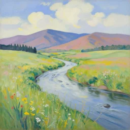 a landscape painting of a river flowing through a meadow filled with tall grass and wildflowers, colorful mountains in the distance, blue sky with fluffy clouds, pastel colors, georgia o'keeffe