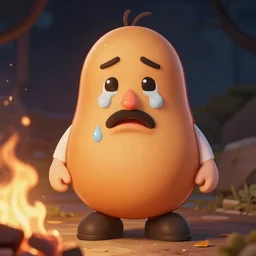 A bald middle aged man in a potato costume crying in a bonfire while eating french fries, beside an evil stick of butter monster by Anna dittmann