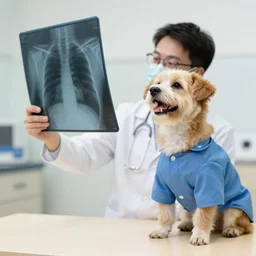 a dog in doctor's outfit examining an xray