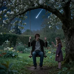 a man sits in a swing by apple tree in a secret garden. a girl holds a key. folk horror. eerie. fine detail. realistic. meteor shower