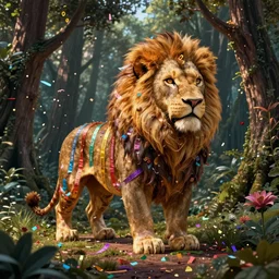 lion in the magical forest, lion made from happybirthsday ribbons and party confetti , concept art, huge scale, high detail, sci fi by Pablo Picasso