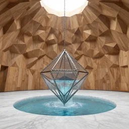 interior of a marble dome, polygonal wooden walls, large floating chained polygon spilling water in center of room, by peter mohrbacher dan mumford craig mullins nekro, cgsociety, pixiv, volumetric light, 3 d render